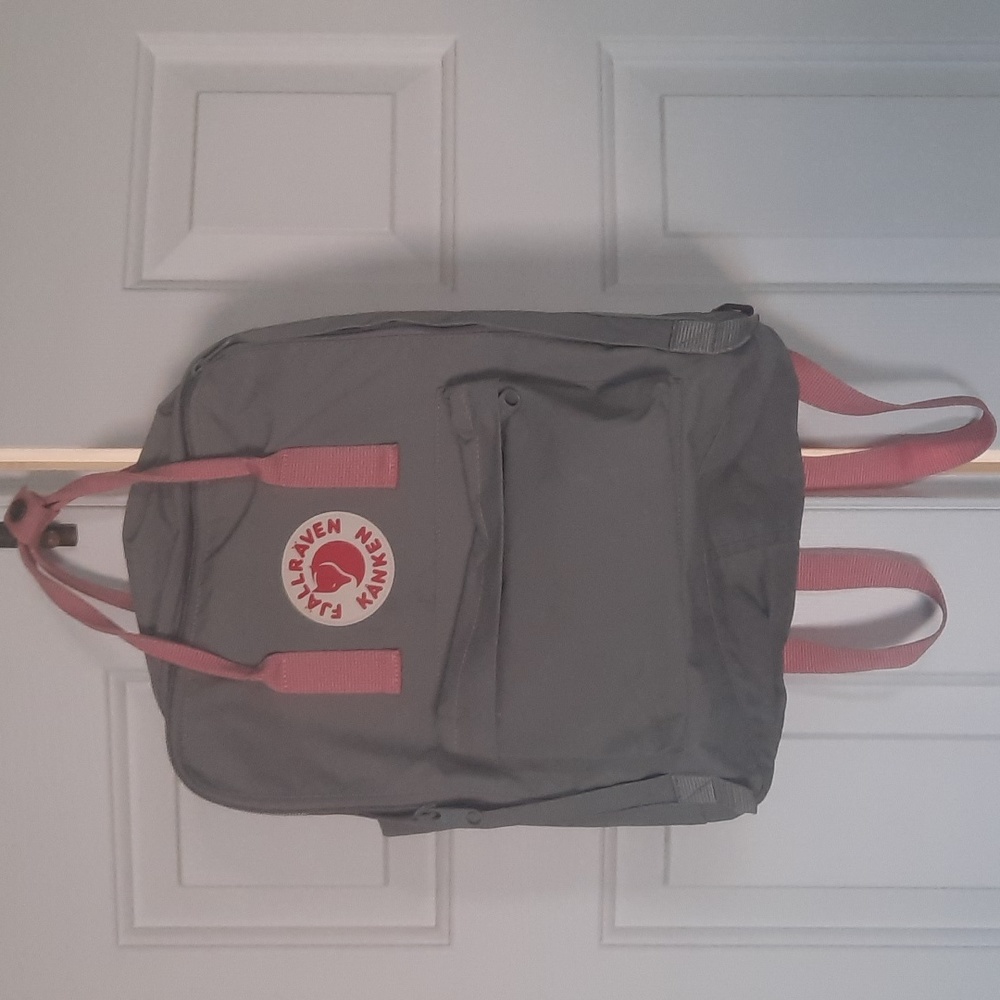 Gray/Pink Fjallraven Kanken backpack